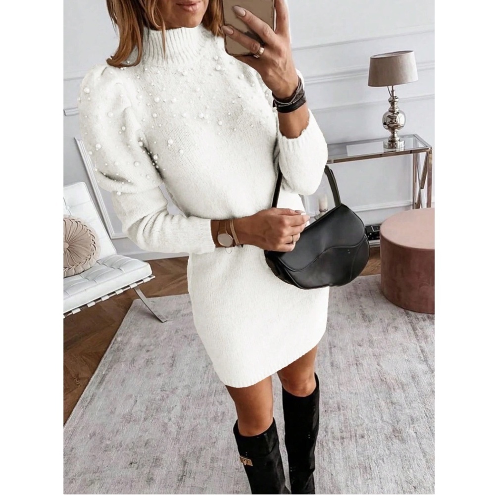 White Sweater Short Mini Dress Faux Pearl Embellished Long Sleeve